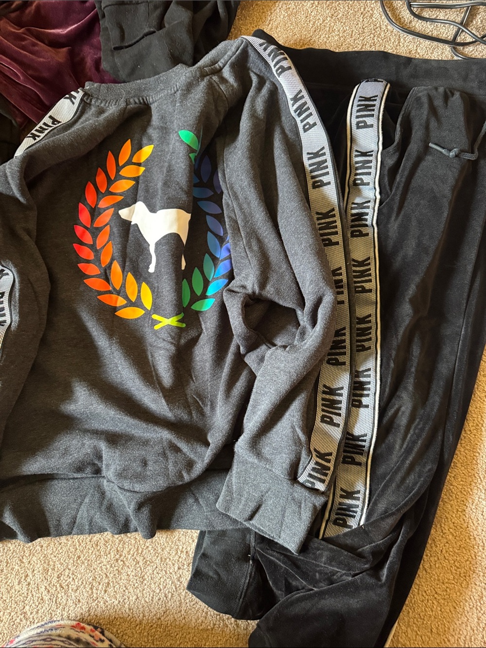 PINK Victoria's Secret black Charcoal Rainbow Logo Sweatshirt pants sweatsuit